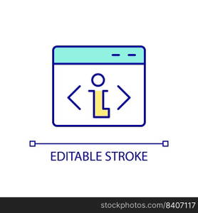 Write programming code RGB color icon. Software development. Computer program. Coding language. Isolated vector illustration. Simple filled line drawing. Editable stroke. Arial font used. Write programming code RGB color icon