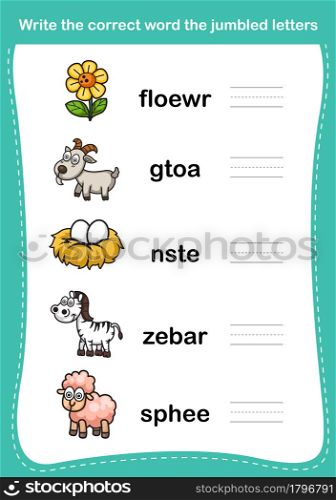 Write the correct word the jumbled letters,illustration, vector