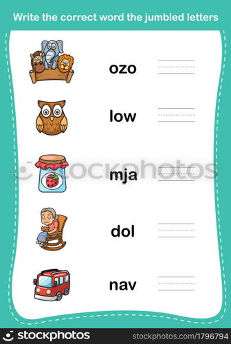 Write the correct word the jumbled letters,illustration, vector