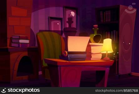Writer cabinet at night, interior with typewriter, glowing l&, bottle, stack of paper on desk with vintage armchair. Room with author items, fireplace and shadows on wall Cartoon vector illustration. Writer cabinet at night, interior with typewriter