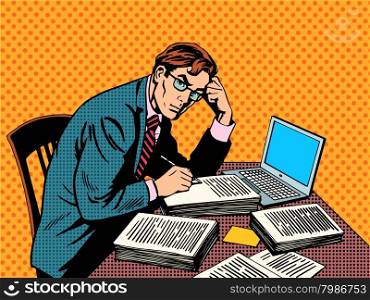 Writer editor journalist academic thesis paper laptop pop art retro style. A stack of documents. Office work. Writer editor journalist academic thesis paper laptop