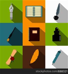 Writer equipment icons set. Flat set of 9 writer equipment vector icons for web with long shadow. Writer equipment icons set, flat style