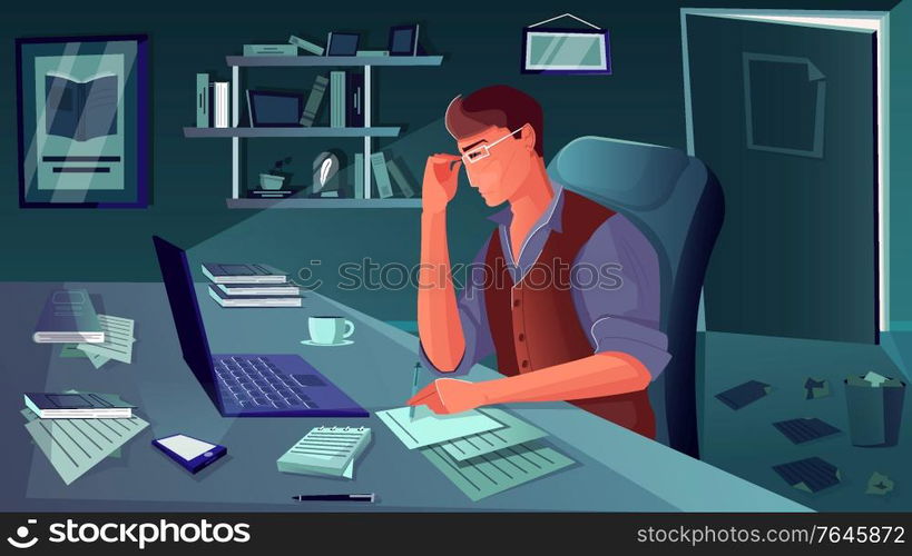 Writer in his study sitting with laptop and papers writing book flat vector illustration