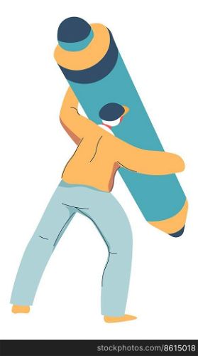 Writer or journalist, student obtaining knowledge and education. Isolated male character with huge pencil in hands. Man with pen writing and completing work project tasks. Vector in flat style. Male character with huge pencil in hands, writer