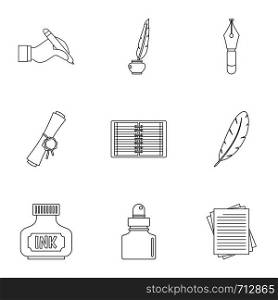 Writer pen icon set. Outline set of 9 writer pen vector icons for web isolated on white background. Writer pen icon set, outline style