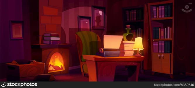 Writer workspace in dark room with vintage furniture. Cartoon vector illustration of retro furnished home office with old typewriter on wooden desk, cozy armchair and fireplace, many books on shelves. Writer workspace in dark room, vintage furniture