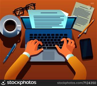 Writer writes document. Journalist create storytelling with laptop. Hands typing on computer keyboard. Story writing vector concept. Illustration of journalist write blogging. Writer writes document. Journalist create storytelling with laptop. Hands typing on computer keyboard. Story writing vector concept