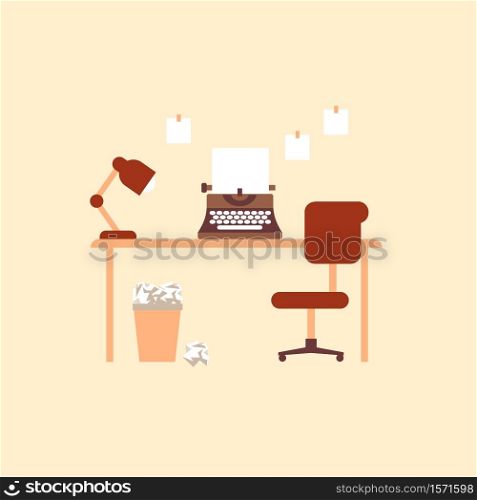 Writers desk with typewriter. Retro printing equipment with blank sheet comfortable chair and lamp on table trash can full of wasted crumpled paper creative mechanical vector journalism.. Writers desk with typewriter. Retro printing equipment with blank sheet comfortable chair and lamp on table.