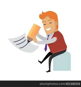 Writing a Letter Vector Concept in Flat Design. Writing letter. Smiling man writing big pencil on sheet of paper vector illustration isolated on white background. Filling tax return.For mail app icon, professions infographic, communication concept. Writing a Letter Vector Concept in Flat Design