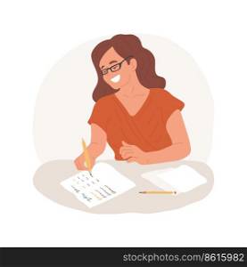 Writing a report card isolated cartoon vector illustration. Student academic performance, quality of school work, teacher writes report card, different color for subjects vector cartoon.. Writing a report card isolated cartoon vector illustration.
