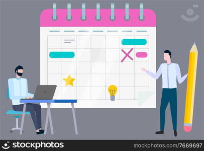 Writing business plan, board with decline crossmark, new idea as light bulb and star. Vector male manager with pencil in hands and worker typing on laptop. Writing Business Plan Board with Decline Crossmark