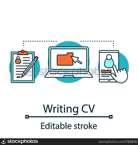 Writing CV concept icon. Job searching idea thin line illustration. Sending job application and resume. Sign up, registration. Vector isolated outline drawing. Editable stroke. Writing CV concept icon