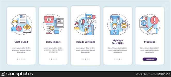 Writing cv onboarding mobile app page screen. Job hunting walkthrough 5 steps graphic instructions with concepts. Curriculum vitae. UI, UX, GUI vector template with linear color illustrations. Writing cv onboarding mobile app page screen