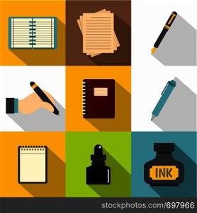Writing icons set. Flat set of 9 writing vector icons for web with long shadow. Writing icons set, flat style