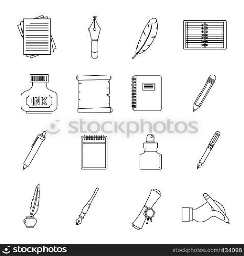 Writing icons set items. Outline illustration of 16 writing items vector icons for web. Writing icons set items, outline style