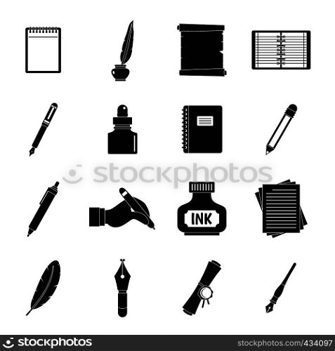 Writing icons set items. Simple illustration of 16 writing items vector icons for web. Writing icons set items, simple style