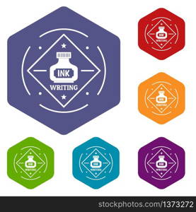 Writing ink icons vector colorful hexahedron set collection isolated on white . Writing ink icons vector hexahedron