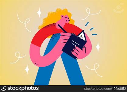Writing notes and diary concept. Young smiling girl cartoon character standing making notes in her personal diary sharing secrets vector illustration . Writing notes and diary concept.