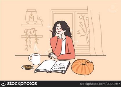 Writing notes and story concept. Young smiling woman write sitting at home with cat and hot drink and writing story with pen vector illustration . Writing notes and story concept