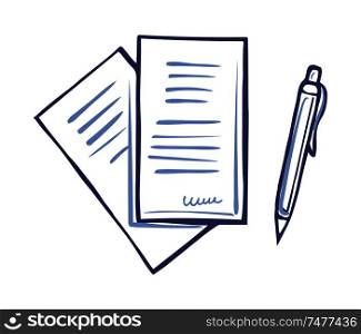 Writing pen and paper documents with signature isolated. Office page with scribble in right corner. Line art sign of document, signed contract vector. Writing Pen and Paper Documents Signature Isolated