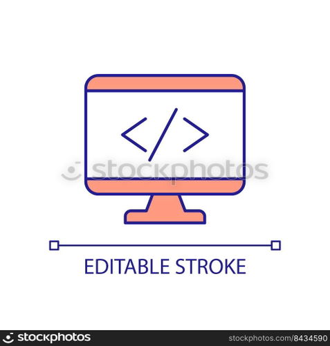 Writing programming code RGB color icon. Creating webpages. Computer. Operating system. Programming language. Isolated vector illustration. Simple filled line drawing. Editable stroke. Arial font used. Writing programming code RGB color icon