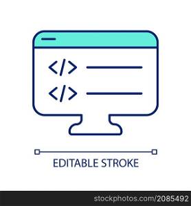 Writing script for website RGB color icon. Web programmer. Coding computer software. System administration. Isolated vector illustration. Simple filled line drawing. Editable stroke. Arial font used. Writing script for website RGB color icon