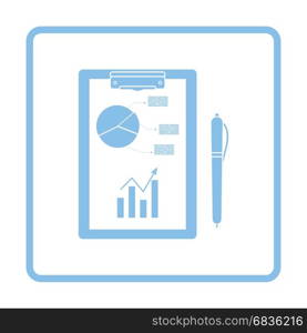 Writing tablet with analytics chart and pen icon. Blue frame design. Vector illustration.