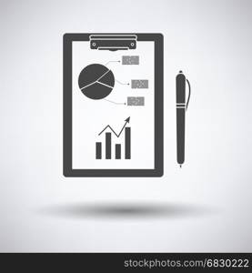 Writing tablet with analytics chart and pen icon on gray background, round shadow. Vector illustration.