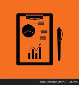 Writing tablet with analytics chart and pen icon. Orange background with black. Vector illustration.