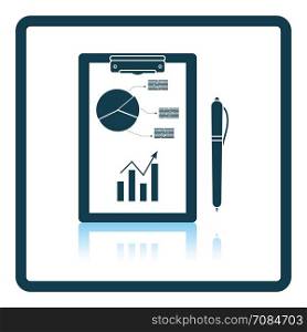 Writing tablet with analytics chart and pen icon. Shadow reflection design. Vector illustration.