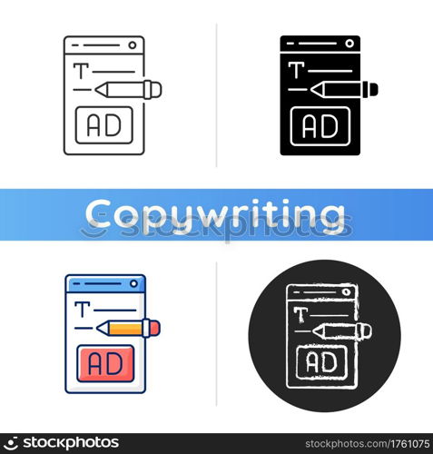 Writing text ads icon. Copywriting services for e commerce. Engaging content for online marketing. Writing commercial text. Linear black and RGB color styles. Isolated vector illustrations. Writing text ads icon