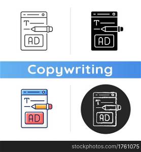 Writing text ads icon. Copywriting services for e commerce. Engaging content for online marketing. Writing commercial text. Linear black and RGB color styles. Isolated vector illustrations. Writing text ads icon