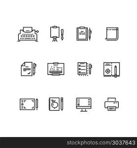 Writing tools linear icons. Writing tools linear icons. Tool tablet and pen for writing and drawing, equipment to writing vector illustration