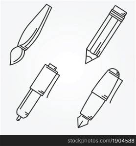Writing tools. Pencil, pen, fountain pen, brush, ballpoint thin line vector icons.