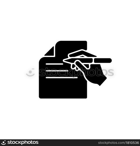 Written communication black glyph icon. Writing letters. Correct grammar and spelling. Sending clear messages. Capture reader attention. Silhouette symbol on white space. Vector isolated illustration. Written communication black glyph icon