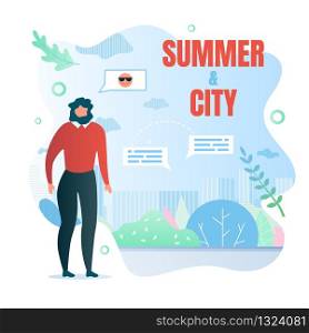 Written Summer City, Vacation Vector Illustration. Man Dreams Rest or Vacation. Status in Social Networks. Exchange Messages about Upcoming Holiday Cartoon Flat. Bright Hot Season Relaxation.