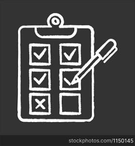 Written survey chalk icon. Choosing option. Tick checkbox. Evaluation test. Select answer. Correct, incorrect. Questionnaire. Paper research. Page on clipboard. Isolated vector chalkboard illustration