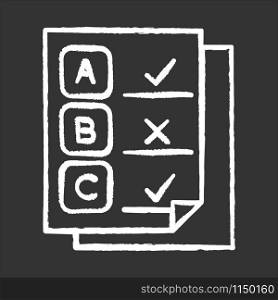 Written survey chalk icon. Exam papers. Test document. Questionnaire page. Choose options. Select checkmark. Correct, wrong answers. Data report. Info analysis. Isolated vector chalkboard illustration