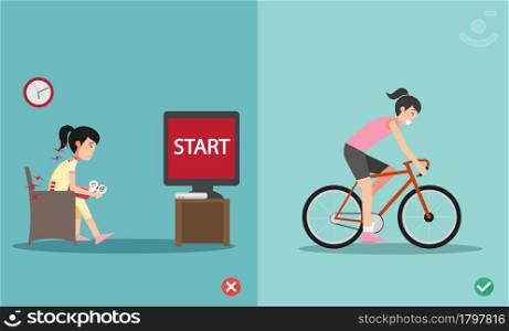 wrong and right for stop playing video games &rsquo;&rsquo;Too Long&rsquo;&rsquo; illustration,vector