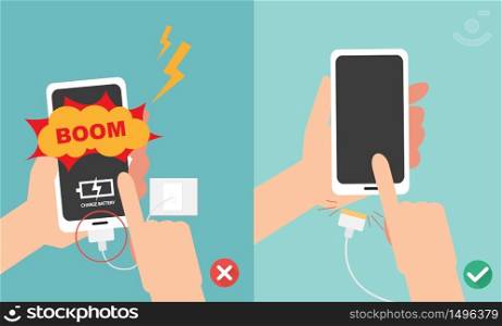 Wrong and right ways.Do not play smart phone in charging battery vector illustration.