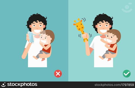 Wrong and right ways playing with kids. Smartphone may affect social and emotional development. vector illustration.