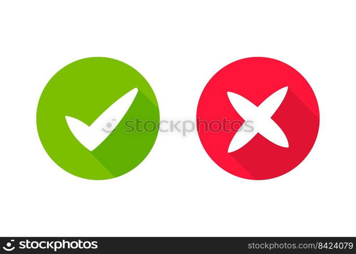 wrong check mark icon long shadow for validation isolated on a white background