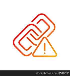 Wrong link pixel perfect gradient linear vector icon. Broken hyperlink. Damaged connection. Redirecting failure. Thin line color symbol. Modern style pictogram. Vector isolated outline drawing. Wrong link pixel perfect gradient linear vector icon