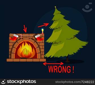 Wrong  Poster with Christmas tree and fireplace with socks, shown distance between two objects, vector illustration isolated on blue background. Wrong Christmas Tree Fireplace Vector Illustration