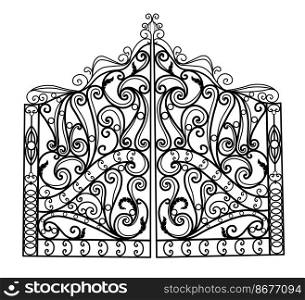 Wrought iron gate and fence.Black metal gate with forged ornaments on a white background.decorated steel vector mansion entrance. Antique vintage architecture object, facade black Victorian grate.. Wrought iron gate and fence.Black metal gate with forged ornaments on a white background.decorated steel vector mansion entrance. Antique vintage architecture object, facade black Victorian grate