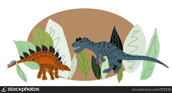 Wuerhosaurushand and trex dinosaur illustration. Cartoon characters isolated design element. T-shirt, poster, vector, greeting card vector design. Vector. Wuerhosaurushand and trex dinosaur illustration