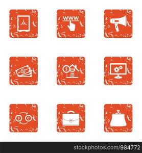 WWW cash icons set. Grunge set of 9 www cash vector icons for web isolated on white background. WWW cash icons set, grunge style
