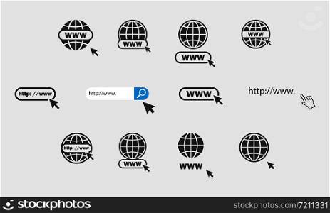Www icons collection. Web site icons. Www icons with hand cursor in flat design. Www vector icons. Eps10