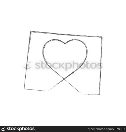 Wyoming US state hand drawn pencil sketch outline map with heart shape. Continuous line drawing of patriotic home sign. A love for a small homeland. T-shirt print idea. Vector illustration.. Wyoming US state hand drawn pencil sketch outline map with the handwritten heart shape. Vector illustration