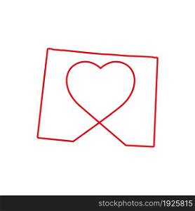 Wyoming US state red outline map with the handwritten heart shape. Continuous line drawing of patriotic home sign. A love for a small homeland. T-shirt print idea. Vector illustration.. Wyoming US state red outline map with the handwritten heart shape. Vector illustration